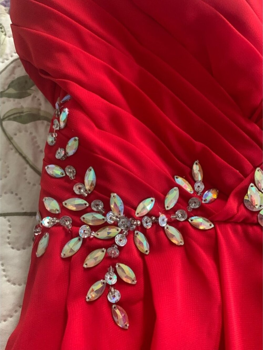 Long Red Formal Strapless Jeweled Dress Gown - Picture 6 of 12